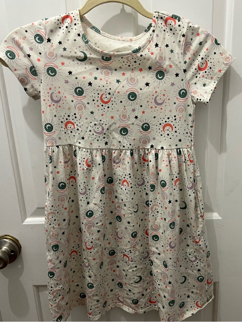 Girls' Cream Moon & Stars Print Short Sleeve Dress